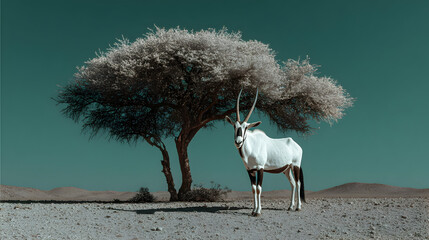 Majestic oryx standing under a solitary tree in a serene desert landscape during twilight hours