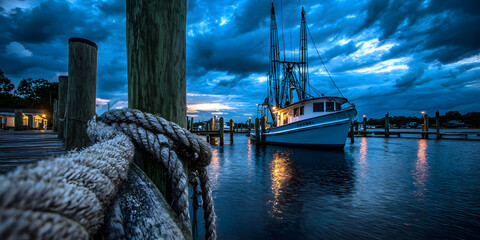 Obraz premium Fishing Boat Moored at a Dock at Night