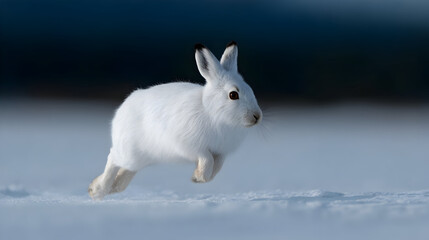 Snowy hare leaps gracefully across a winter landscape reflecting agility and the spirit of survival in the wild