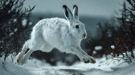 Snowy hare leaps gracefully across a winter landscape reflecting agility and the spirit of survival in the wild