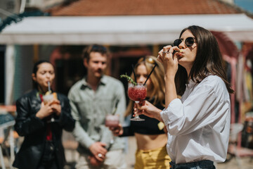 A lively scene of friends socializing and savoring colorful beverages outside under warm sunlight.