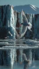 Majestic arctic tern gliding over icy waters during summer light, capturing the serenity and beauty of nature's elements
