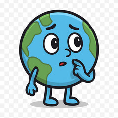 A cartoon Earth character with a thoughtful expression, arms, and legs, looking upwards.