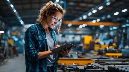 Female engineer using digital tablet to monitor factory machinery, showcasing smart technology. Concept :Smart manufacturing, Industry 4.0, digital monitoring, technology in industry, automation.