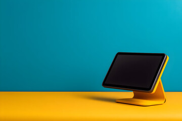 Brightly colored tablet centered against an abstract background of yellow and blue, showcasing the contrast between technology and creativity