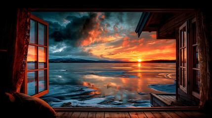 Winter sunset over frozen lake viewed from cozy cabin window, showcasing serene landscape and twilight colors reflecting on water