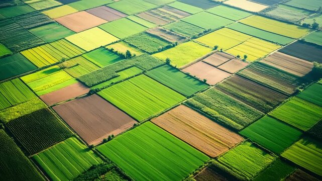 The video captures a breathtaking aerial perspective of diverse agricultural fields in a rural area showcasing various shades of green and brown