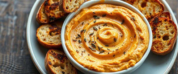 Creamy roasted pumpkin dip served with toasted artisan bread,  brown,  autumn