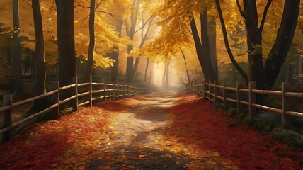 Autumn Path Through Forest with Golden Leaves and Wooden Fence on a Foggy Day scenic