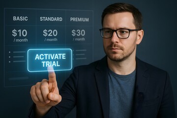 A man activating trial button with subscription plan