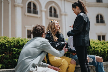A cheerful group of young friends enjoying a friendly conversation in an outdoor urban setting....