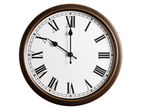 Modern Frameless Wall Clock with Roman Numerals and Shadow Cast, Front View, Transparent PNG - Powered by Adobe