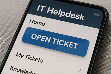 Smartphone displaying an IT Helpdesk application with an Open Ticket option, showing a user interface for technical support