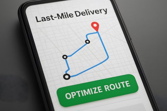 Smartphone with Last-Mile Delivery interface, highlighting route optimization for efficient package transport. The interface displays a delivery route, showcasing location points.