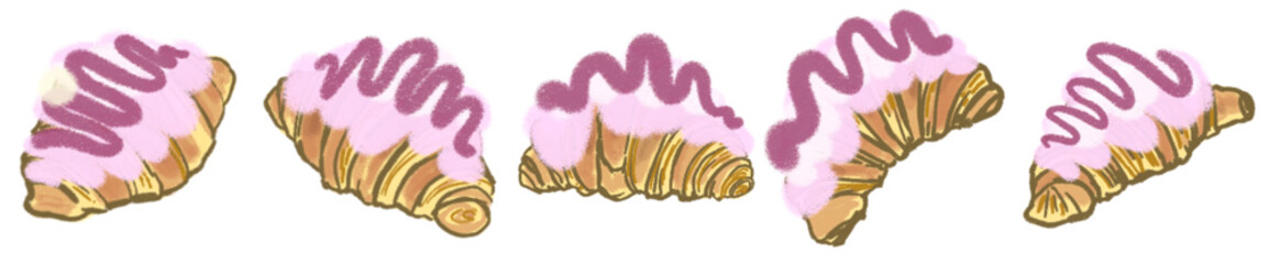 Hand-drawn Croissant Pastry with Pink Cream and Icing Zigzag Topping – Cute Bakery Element Illustration for Digital Design