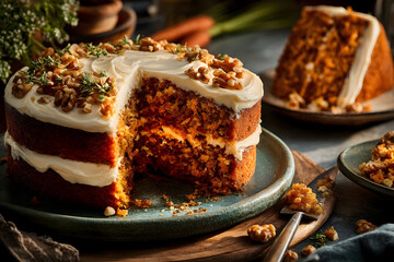 A delicious carrot cake displayed on a wooden platter garnished with walnuts and topped with creamy frosting in a cozy kitchen setting