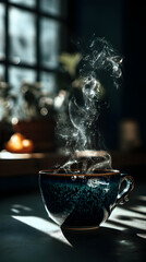 Warm steam rises from a handcrafted ceramic mug filled with hot beverage against a cozy, sunlit background in a plant-filled room