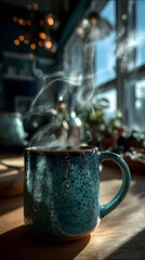 Warm steam rises from a handcrafted ceramic mug filled with hot beverage against a cozy, sunlit background in a plant-filled room