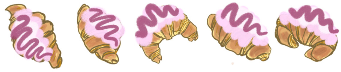 Hand-drawn Croissant Pastry with Pink Cream and Icing Zigzag Topping – Cute Bakery Element Illustration for Digital Design