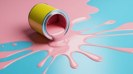 Yellow Paint Can Spilling Pink Paint on Blue Surface
