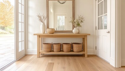 Light-filled foyer with a rustic wooden console table