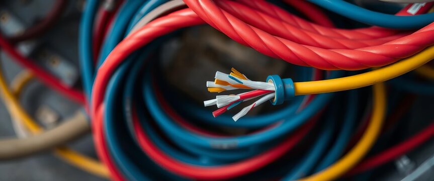 Overhead view of a coiled telephone line, showing its twisted pair wires,  telecommunication,  minimalist
