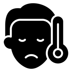 Fever Glyph Black Silhouette Icon Design Vector - Sad face with thermometer, indicating fever or elevated body temperature