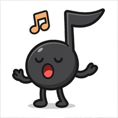 A cheerful black cartoon musical note character with a happy, singing expression, arms, and legs. 