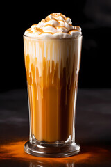 Dark background close up of tall glass of pumpkin spiced latte with cream and syrup