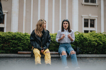 Two casually dressed women sit on a bench outdoors, engaging in a vivid conversation.