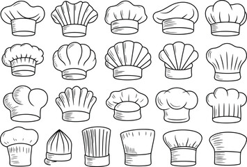 Hand Drawn Vector Set of Chef Hat Illustrations, Kitchen and Culinary Cap Designs, Professional Cooking Hat Collection for Restaurant Branding