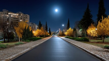 Fototapeta premium A Serene Nightscape Featuring a Street Light and Sign Under the Beautiful Moonlight Overhead