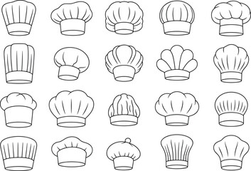 Set of Chef Hat Line Icons, Professional Cooking Cap Collection, Culinary Headwear Vector Illustration for Restaurant, Kitchen, and Food Design