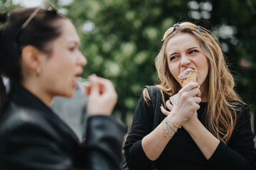 Two young women share a cheerful moment enjoying ice cream. The image conveys friendship, leisure,...