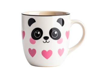 Panda Mug with Blushing Cheeks and Whimsical Eyes, Surrounded by Floating Hearts, Front Angle, Transparent Background