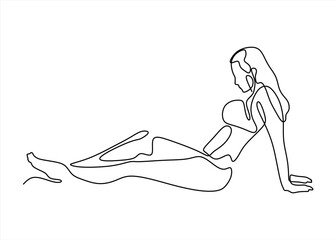 Woman relaxing, minimalist illustration, beach scene. Logo in Line Art. line icon-continuous line drawing. Editable stroke.