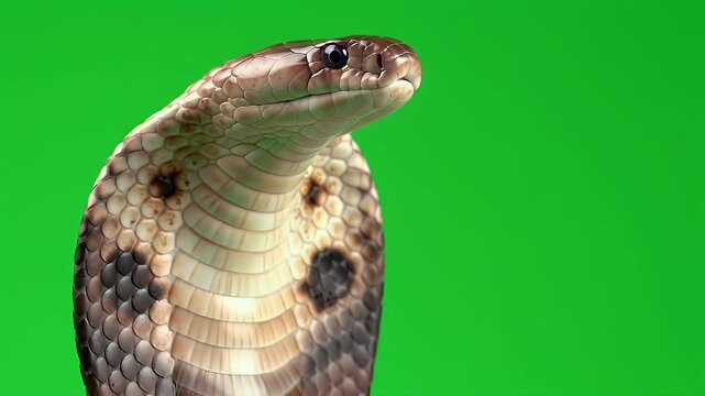 Close-up of a Cobra Snake with Hood Against Bright Green Screen Background, Detailed Scales and Intense Gaze of a Venomous Reptile, Ideal for Compo...