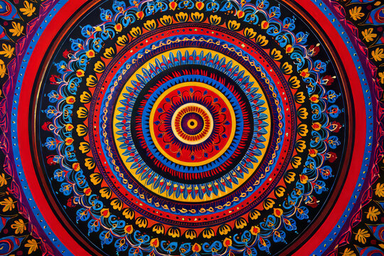 Vibrant Circular Folk Art Mandala:  Intricate Red, Blue, and Yellow Floral Design,  Hand-Painted Style, Festive and Joyful Mood.
