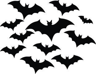 Minimal silhouette of bats flying on a clean isolated transparent background isolated on transparent background