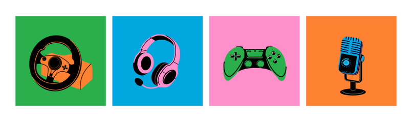 Video games posters. Pink controller or joystick, headphones, microphone,  steering wheel. Entertainment and recreation. Advertising of gaming club, room. Devices for modern entertainment