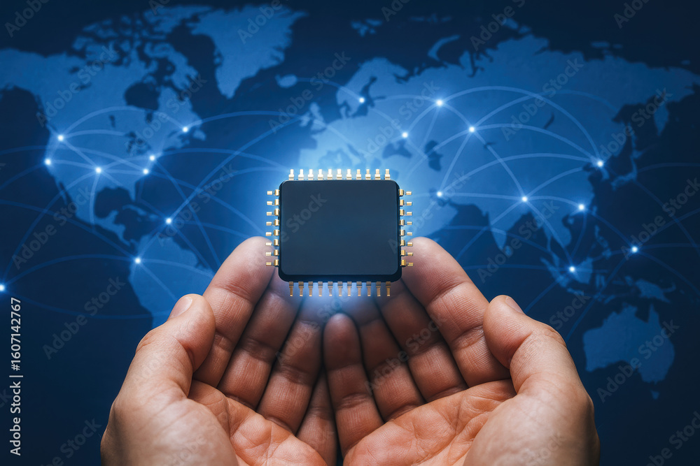Poster outsourcing technology powers communication and innovation through global network connection and ser