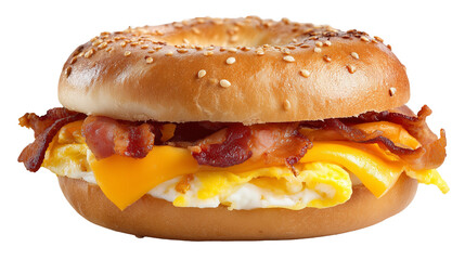 A bagel breakfast sandwich with cheese and bacon isolated on white background