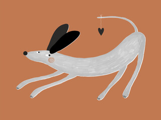 Hand Drawn Vector Illustration Of Gray Dog with Heart On Its Tail. Cute Graphic Ideal For Dog Lovers. Nursery Art. Valentine's Day Card With Dog With Black Heart On A Brown Background. 