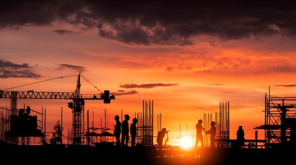 Construction site at sunset with silhouetted workers and machinery, dramatic lighting.
Concept :Progress, development, construction work, teamwork, industrial growth.
