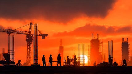 Construction site at sunset with silhouetted workers and machinery, dramatic lighting.
Concept :Progress, development, construction work, teamwork, industrial growth.