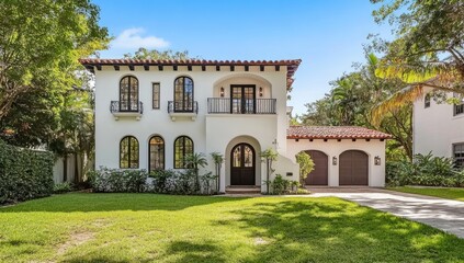 Naklejka premium Two-story, Spanish-style home with manicured lawn
