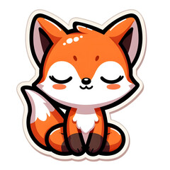 a cute chibi orange fox sitting with closed eyes and a peaceful smile, bold black outline, white die-cut sticker style, plain white background 