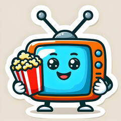  A TV-shaped character with a smiling face and antennae, holding popcorn, sticker-style cartoon design, bright colors, fun vibe, white outline