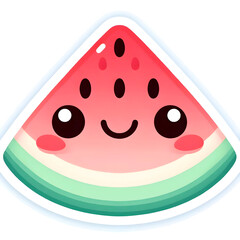 A cute slice of watermelon with a smiling face and pastel tones, kawaii-style sticker, soft edges, white background