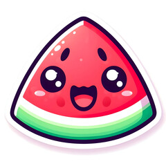 A cute slice of watermelon with a smiling face and pastel tones, kawaii-style sticker, soft edges, white background